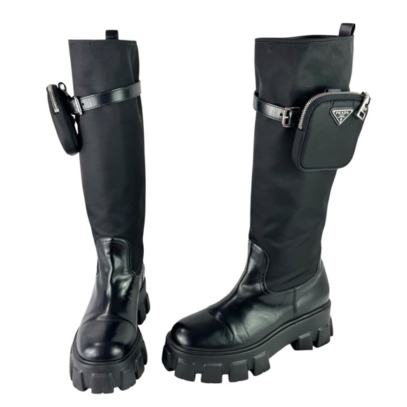 PRADA Monolith Combat Black Leather Re-Nylon Knee High With Pouch Boots 40-10US - Picture 1 of 16